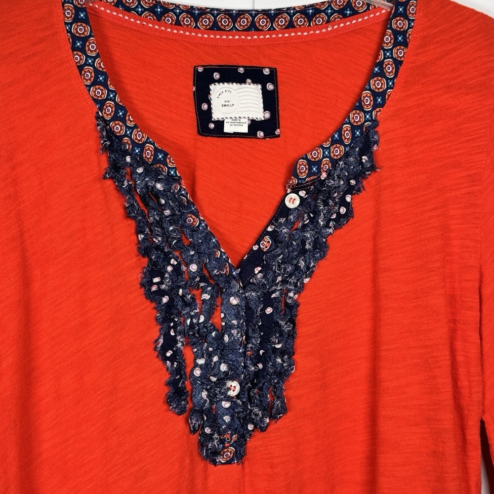 Anthropologie Cotton Ruffle Trim Henley Blouse Top Boho Feminine Casual Petite S - Picture 2 of 7